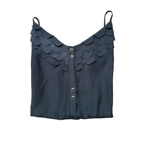 Yumi Kim- Black Silk Scalloped Cross Adjustable Spaghetti Strap Tank Top
